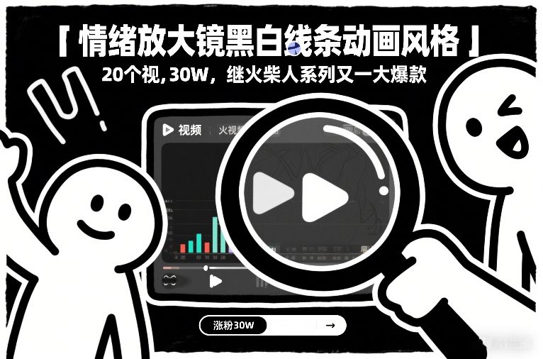 情绪放大镜黑白线条动画风格，20个视频，涨粉30W，继火柴人系列又一大爆款-御文网
