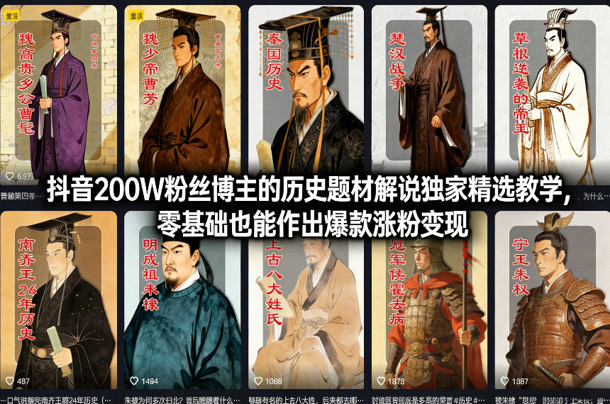 抖音200W粉丝博主的历史题材解说独家精选教学，零基础也能作出爆款涨粉变现-御文网