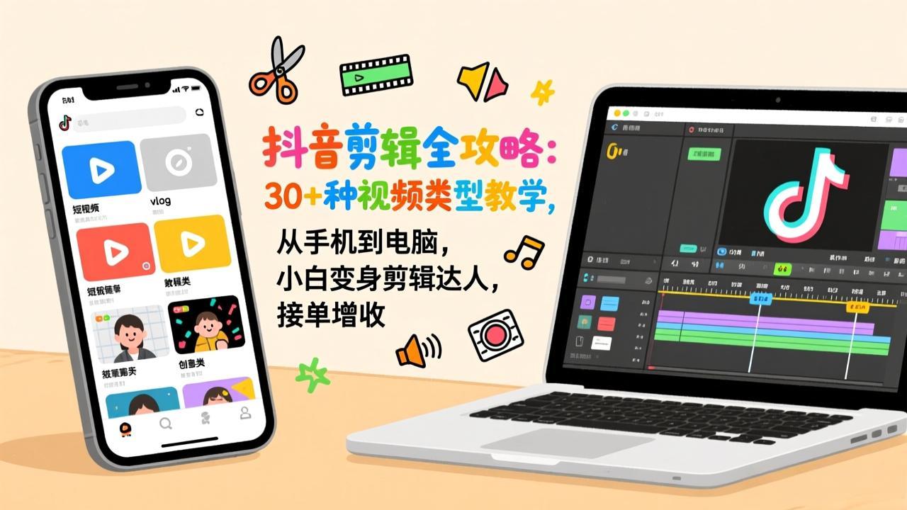 抖音剪辑全攻略：30+种视频类型教学，从手机到电脑，小白变身剪辑达人，接单增收-御文网