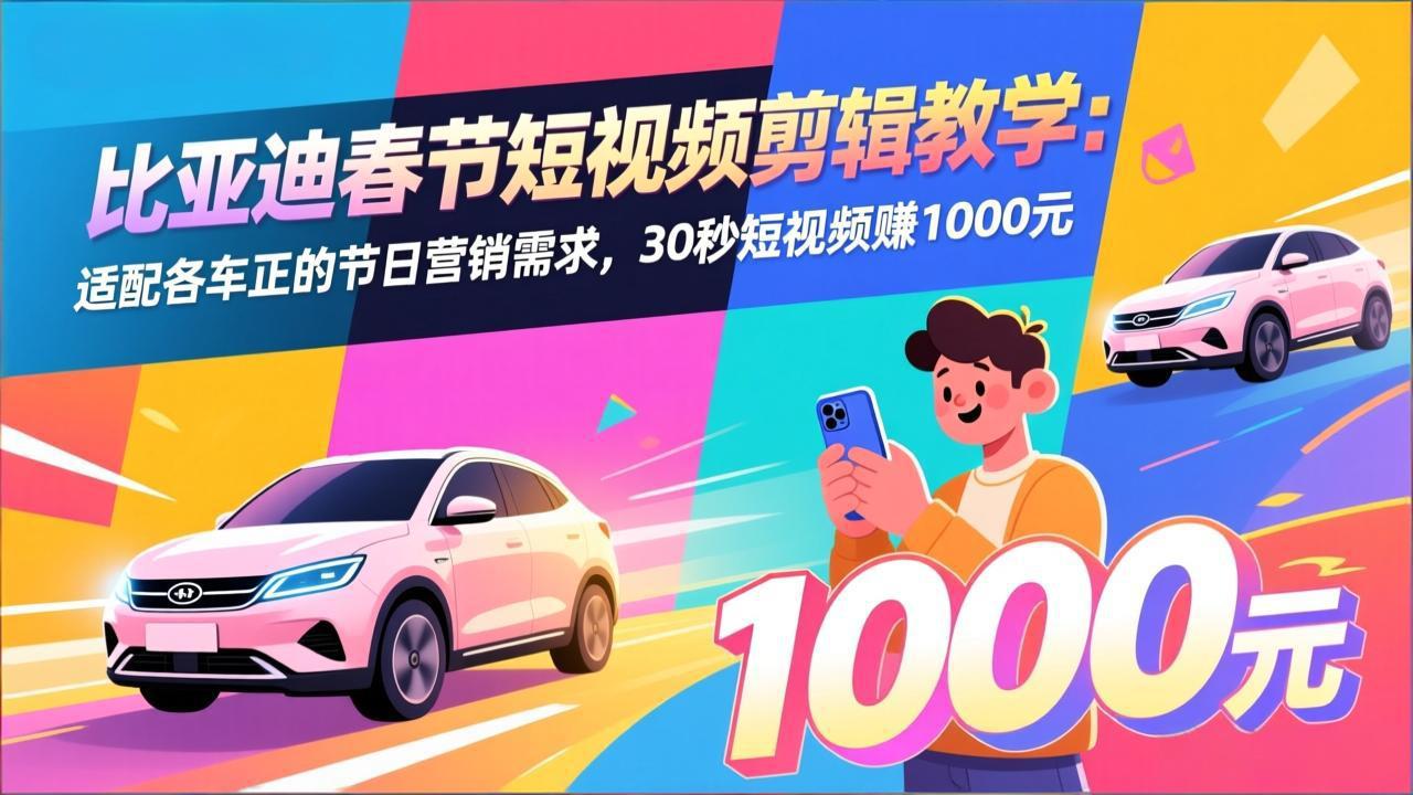 比亚迪春节短视频剪辑教学：适配各车企的节日营销需求，30秒短视频赚1000元-御文网