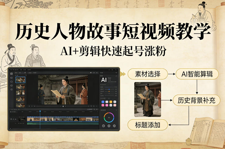 历史人物故事短视频教学，AI+剪辑制作历史人物题材短视频，快速起号涨粉-御文网