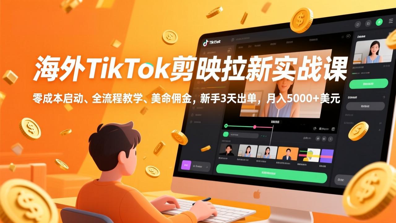 海外TikTok剪映拉新实战课，零成本启动、全流程教学、美金佣金，新手3天出单，月入5000+美元-御文网