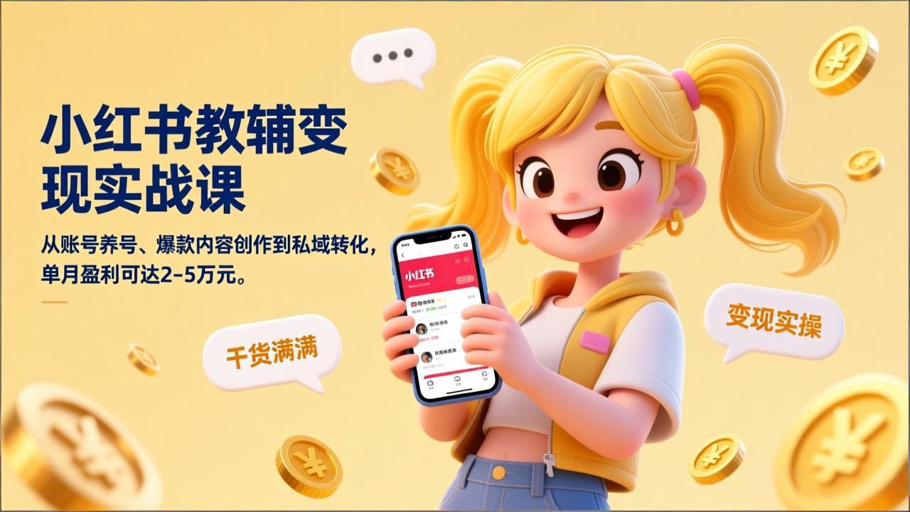 小红书教辅变现实战课，从账号养号、爆款内容创作到私域转化，单月盈利可达2-5万元-御文网