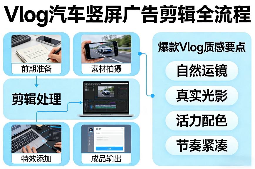 Vlog感觉汽车竖屏广告剪辑脚本全流程，拿捏爆款Vlog质感-御文网