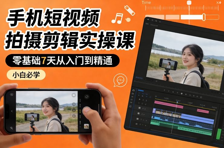 手机短视频拍摄剪辑实操课，零基础7天从入门到精通，小白必学-御文网