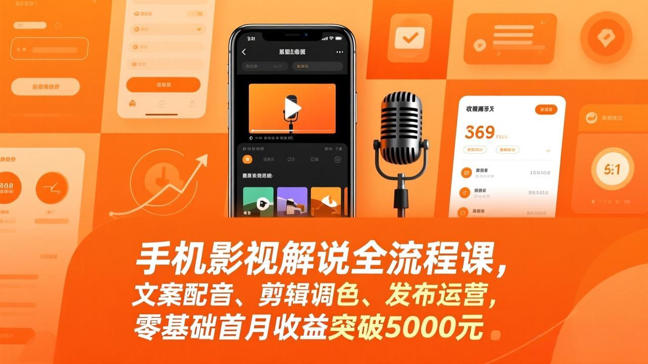 手机影视解说全流程课，文案配音、剪辑调色、发布运营，零基础首月收益突破5000元-御文网