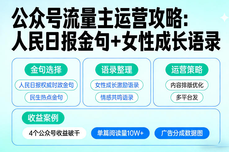 利用人民日报金句+女性成长语录做公众号流量主，4个公众号收益破千-御文网