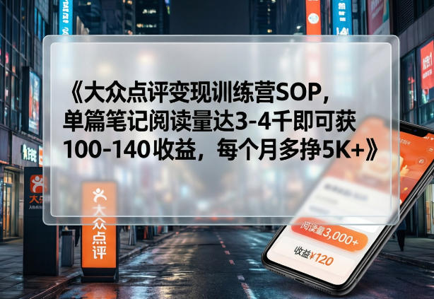 大众点评变现训练营SOP，单篇笔记阅读量达3-4千即可获100-140收益，每个月多挣5K+-御文网
