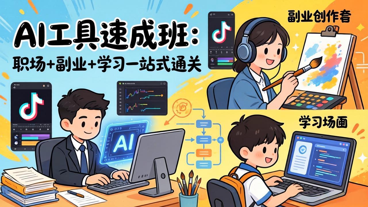 AI工具速成班：职场+副业+学习一站式通关，20+爆款类型+剪映技巧+抖音算法，0基础快速上手-御文网