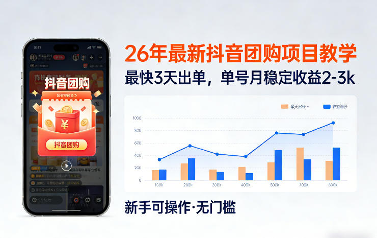 26年最新抖音团购项目教学，0门槛，最快3天出单，单号月稳定收益2-3k(更新3月19日)-御文网