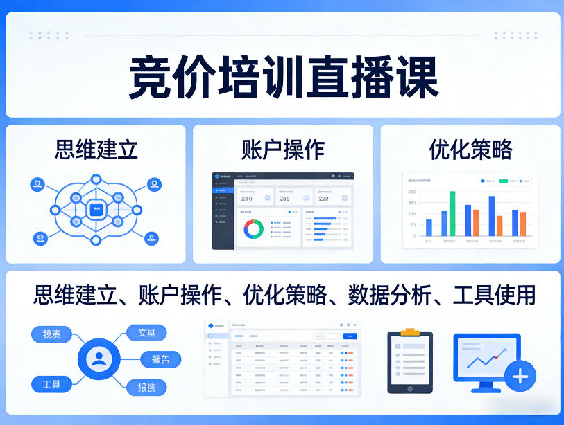 竞价培训直播课，覆盖思维建立、账户操作、优化策略、数据分析、工具使用等，全方位提升效果-御文网