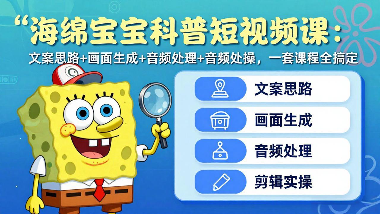 海绵宝宝科普短视频课：文案思路+画面生成+音频处理+剪辑实操，一套课程全搞定-御文网