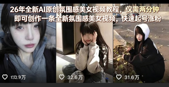 26年全新AI原创氛围感美女视频教程，仅需两分钟即可创作一条全新氛围感美女视频，快速起号涨粉-御文网