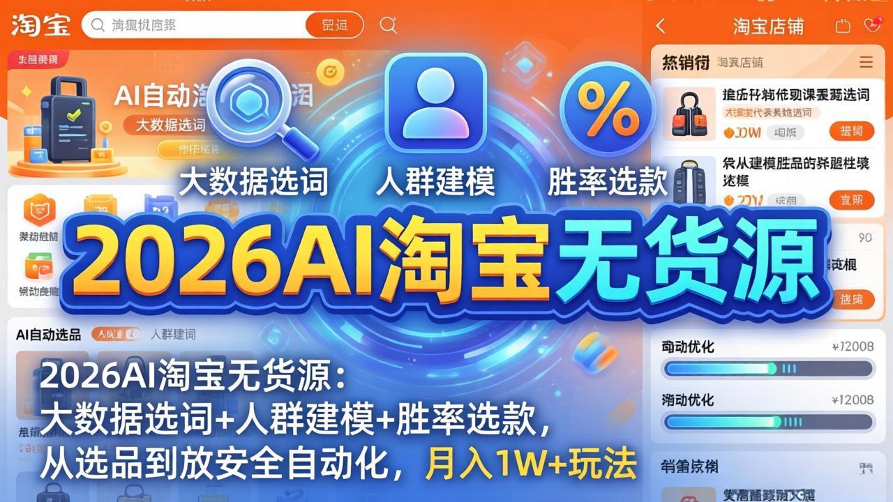 2026AI淘宝无货源：大数据选词+人群建模+胜率选款，从选品到放大全自动化，月入1W+玩法-御文网