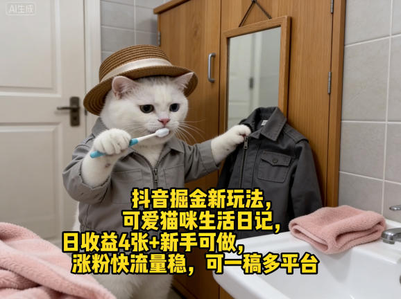 抖音掘金新玩法，可爱猫咪生活日记，日收益4张+新手可做，涨粉快流量稳，可一稿多平台-御文网
