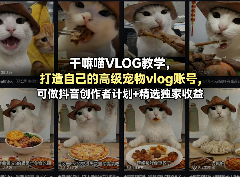 干嘛喵VLOG教学，打造自己的高级宠物vlog账号，可做抖音创作者计划+精选独家收益-御文网