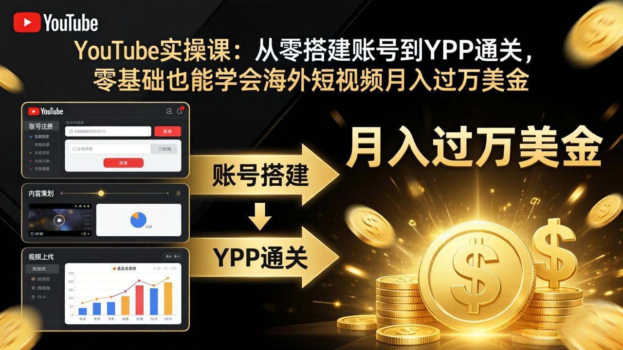 YouTube实操课：从零搭建账号到YPP通关，零基础也能学会海外短视频月入过万美金-御文网