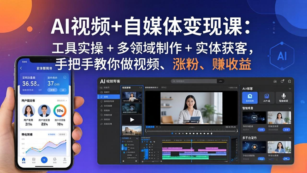 AI视频+自媒体变现课：工具实操 + 多领域制作 + 实体获客，手把手教你做视频、涨粉、赚收益-御文网