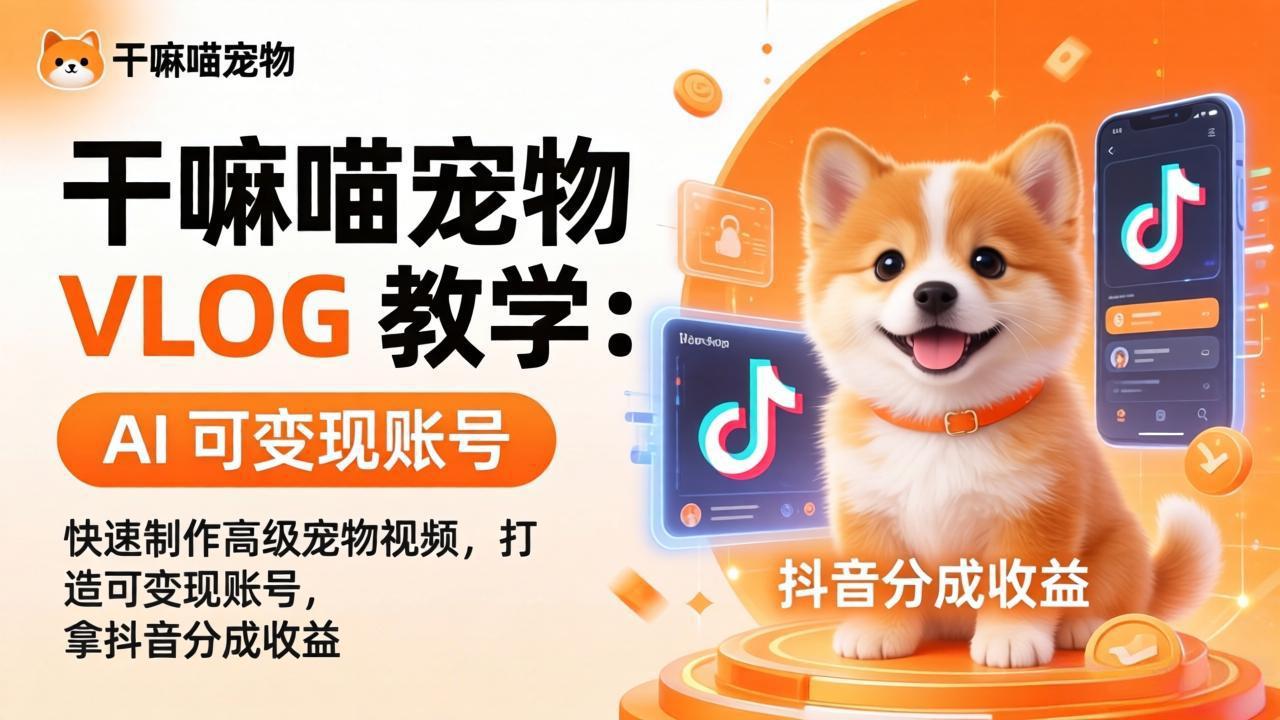 干嘛喵宠物 VLOG 教学：AI 快速制作高级宠物视频，打造可变现账号，拿抖音分成收益-御文网