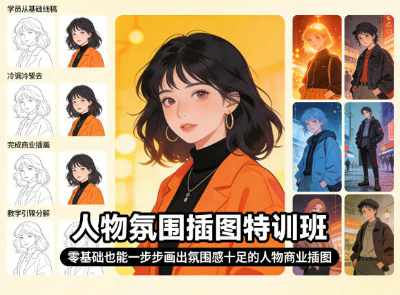 人物氛围插图特训班，零基础也能一步步画出氛围感十足的人物商业插图-御文网