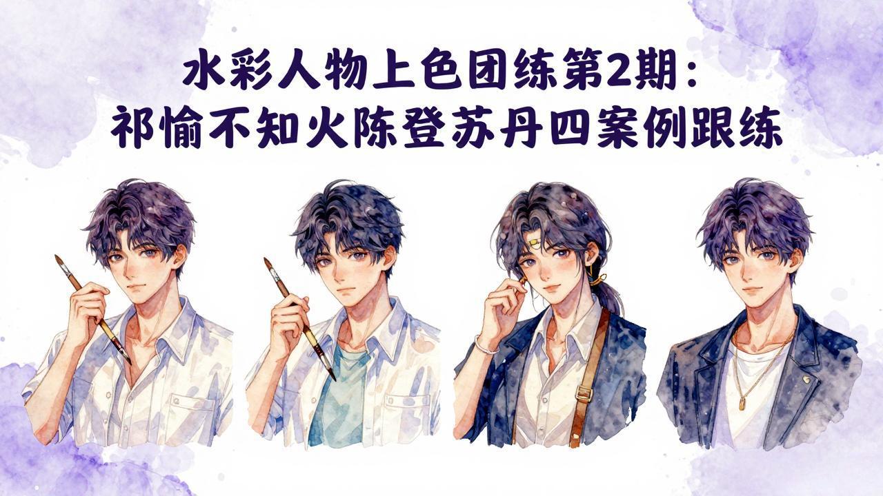 水彩人物上色团练第2期：祁煜不知火陈登苏丹四案例跟练，手把手提升绘画能力-御文网