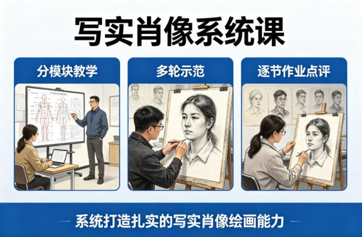 写实肖像系统课，全程分模块教学+多轮示范+逐节作业点评，系统打造扎实的写实肖像绘画能力-御文网