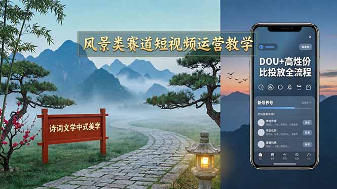 风景类赛道短视频运营教学：诗词文学中式美学，新号养号对标账号定位，DOU+高性价比投放全流程-御文网