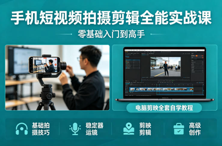 手机短视频拍摄剪辑全能实战课：零基础入门到高手，稳定器运镜+电脑剪映全套自学教程-御文网