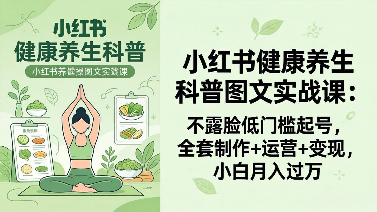 2026小红书健康养生科普图文实战课：不露脸低门槛起号，全套制作+运营+变现，小白月入过万-御文网