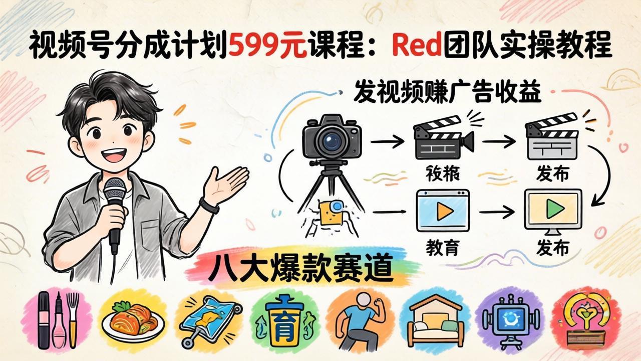 视频号分成计划599元课程：Red团队实操教程，发视频赚广告收益，八大爆款赛道全掌握-御文网