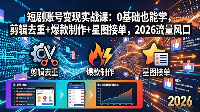 短剧账号变现实战课：0基础也能学，剪辑去重+爆款制作+星图接单，2026流量风口-御文网