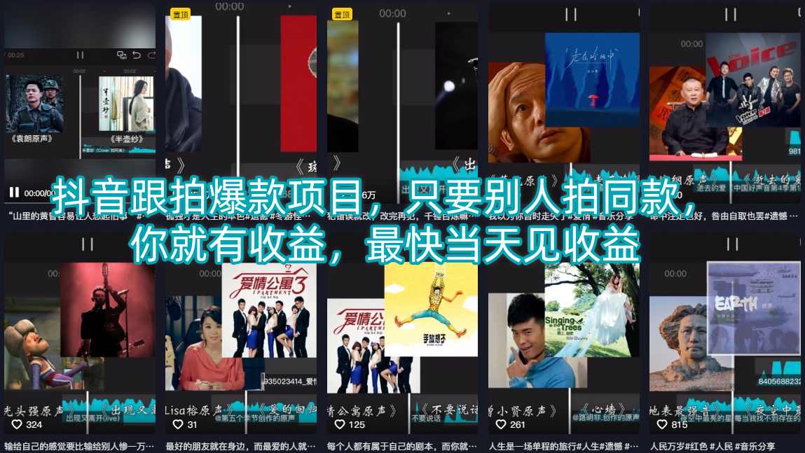 抖音跟拍爆款项目，只要别人拍同款，你就有收益，最快当天见收益-御文网