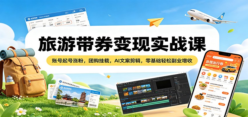 旅游带券变现实战课：账号起号涨粉，团购挂载，AI文案剪辑，零基础轻松副业增收-御文网