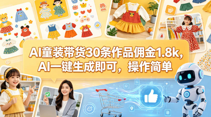 AI童装带货30条作品佣金1.8k，AI一键生成即可，操作简单-御文网