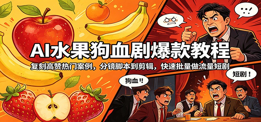 AI水果狗血剧爆款教程:复刻高赞热门案例,分镜脚本到剪辑,快速批量做流量短剧-御文网