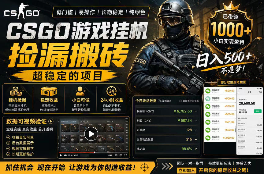 CSGO游戏搬砖，全自动挂G，不需要玩游戏，手机操作日入300+，解放双手【揭秘】-御文网