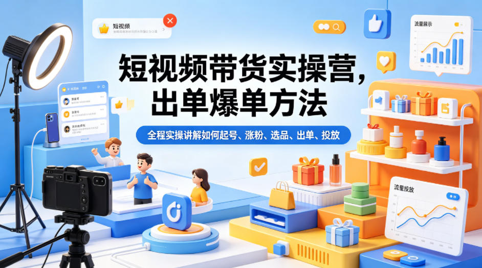 短视频带货实操营，出单爆单方法，全程实操讲解如何起号、涨粉、选品、出单、投放-大伟资源网
