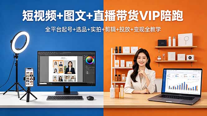 短视频+图文+直播带货VIP陪跑,全平台起号+选品+实拍+剪辑+投放+变现全教学-御文网