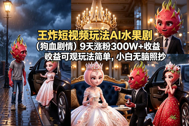 王炸短视频玩法AI水果剧(狗血剧情)9天涨粉300W+收益可观玩法简单，小白无脑照抄，详细拆解玩法-御文网