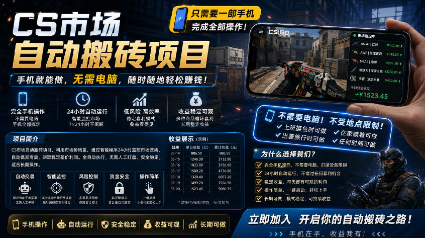 手机即可操作的CS市场自动搬砖系统｜自动监控｜自动下单|日入300+【揭秘】-大伟资源网