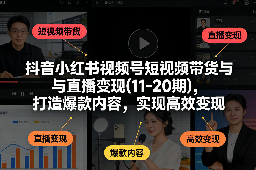 抖音小红书视频号短视频带货与直播变现(10-21期)，打造爆款内容，实现高效变现(更新05月08日)-大伟资源网