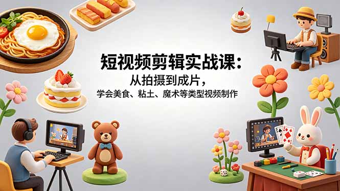短视频剪辑实战课:从拍摄到成片,学会美食、粘土、魔术等类型视频制作-御文网