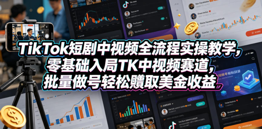 TikTok短剧中视频全流程实操教学，零基础入局TK中视频赛道，批量做号轻松賺取美金收益-御文网
