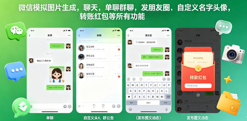 微信模拟图片生成,聊天,单聊群聊,发朋友圈,自定义名字头像,转账红包等所有功能都可以生成-御文网