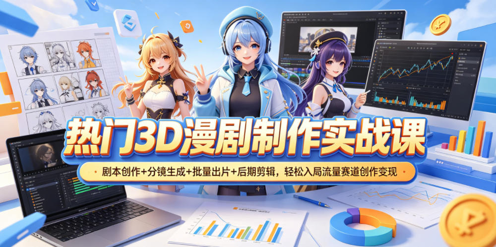 热门3D漫剧制作实战课，剧本创作+分镜生成+批量出片+后期剪辑，轻松入局流量赛道创作变现-御文网