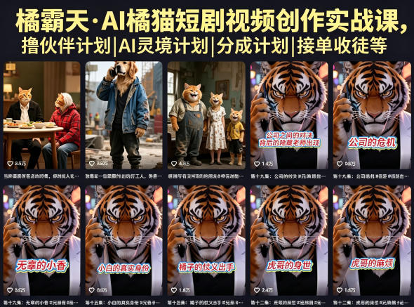 橘霸天·AI橘猫短剧视频创作实战课，撸伙伴计划|AI灵境计划|分成计划|接单收徒等-御文网