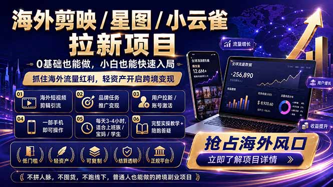 海外剪映 / 星图 / 小云雀拉新项目 普通人也能上手的跨境流量变现副业-御文网