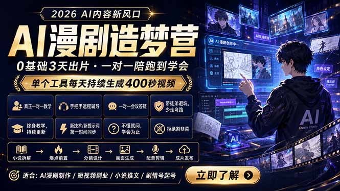 AI漫剧造梦营：0基础3天出片，单个工具每天持续生成400秒视频-御文网