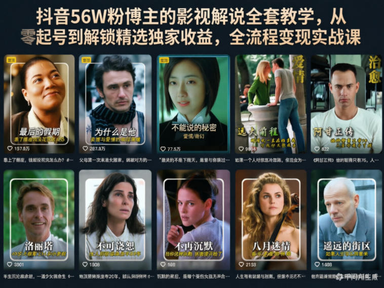 抖音56W粉博主的影视解说全套教学，从零起号到解锁精选独家收益，全流程变现实战课-御文网