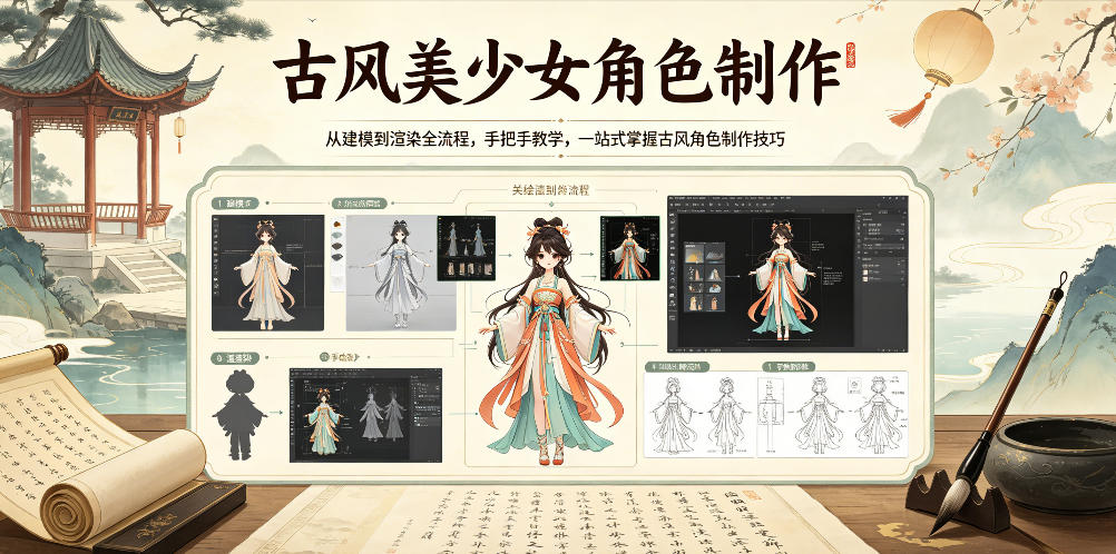 古风美少女角色制作,从建模到渲染全流程,手把手教学,一站式掌握古风角色制作技巧-御文网